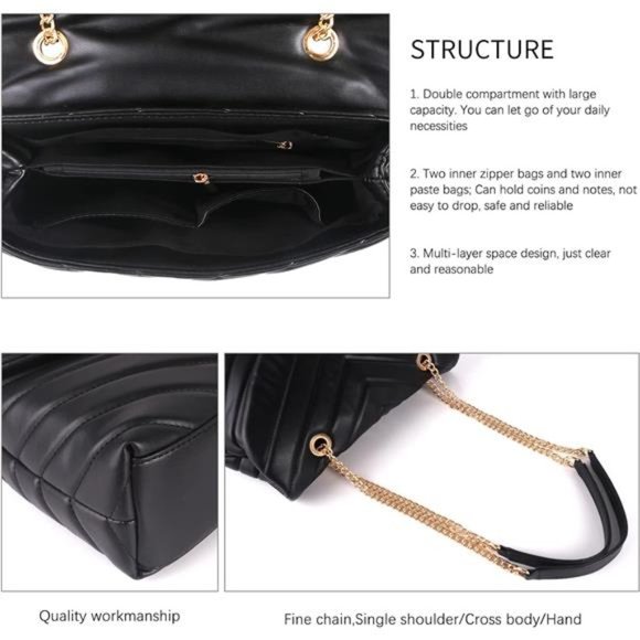 Black  Sleek  Adjustable Chain Strap Quilted Crossbody Purse - Picture 4 of 7
